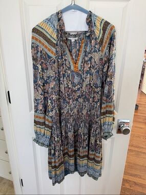 Current Air - Bohemian Paisley Long-Sleeve Blue Floral Dress - size L